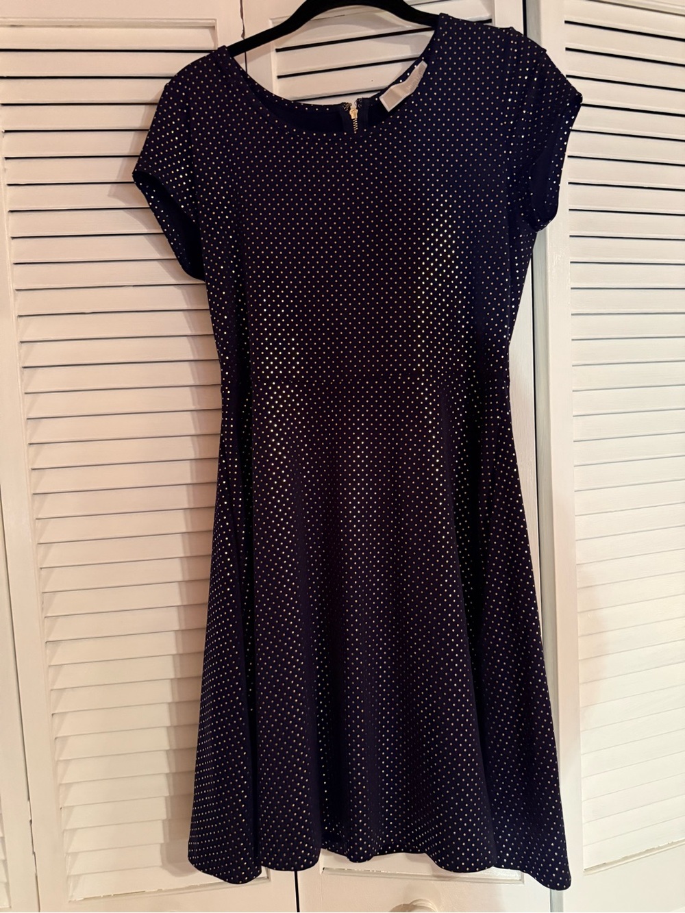 Michael Kors Gold Glittery and Navy Polka Dot Fit-&-Flare Dress
